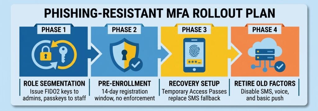How to Set Up SSO & MFA for Small Business in 7 Steps (2026) Four-phase phishing-resistant MFA rollout plan: role segmentation to retiring old factors