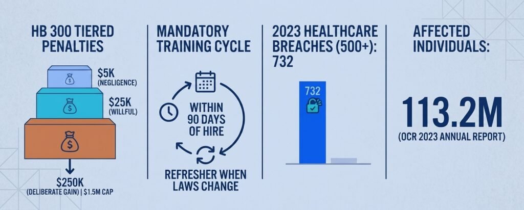 Cyber security firms for Texas medical practices need to understand HB 300 penalty tiers, training deadlines, and 2023 healthcare breach statistics