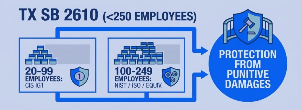 Texas SB 2610 safe harbor tiers: CIS IG1 for 20-99 employees, NIST/ISO for 100-249