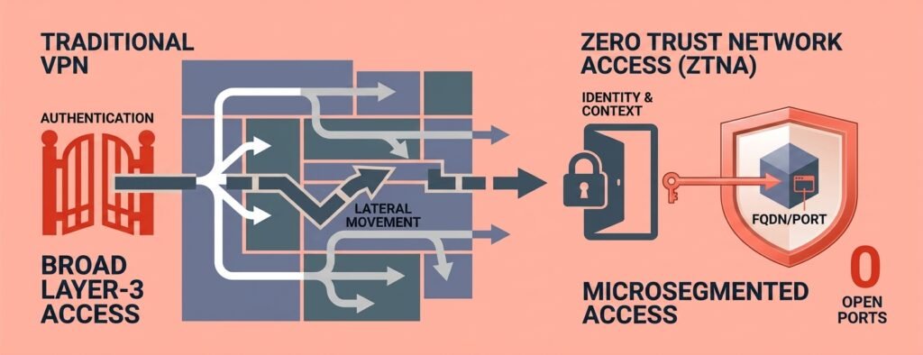 Comparison of traditional VPN broad access versus Zero Trust Network Access microsegmentation