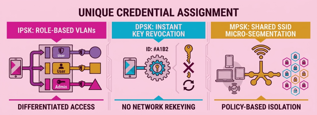 7 Business WiFi Security Tools to Stop Small Business Breaches Comparison of IPSK, DPSK, and MPSK credential assignment methods for business WiFi