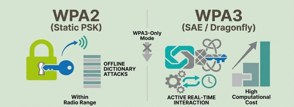 Comparison of WPA2 offline dictionary attack vulnerability versus WPA3 real-time protection