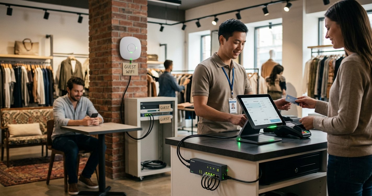 Guest WiFi vs POS: How to Secure Your Retail Store Network A modern clothing store interior demonstrating the physical network separation between a customer using Guest WiFi and an employee processing a transaction on a secure POS system.