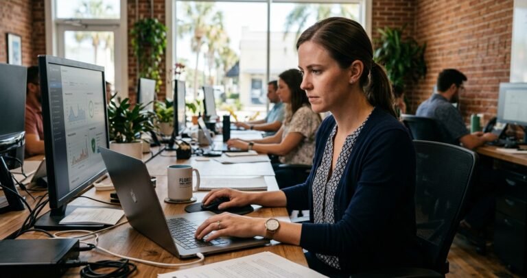 Leading Cybersecurity Providers in Florida for Small Business A focused business owner monitoring network security on a laptop and monitor in a bright Florida co-working office, representing small business cybersecurity providers.