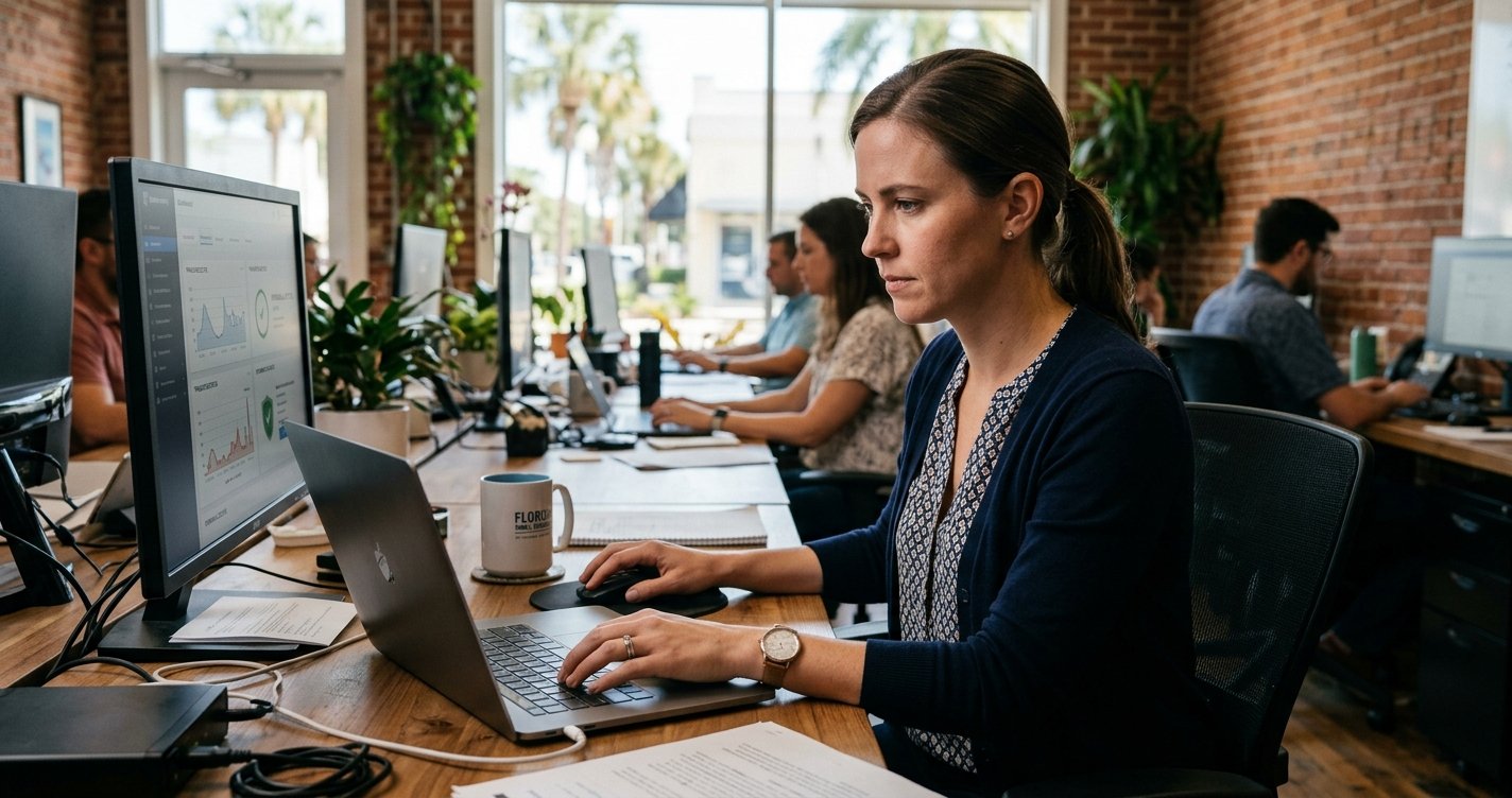Leading Cybersecurity Providers in Florida for Small Business A focused business owner monitoring network security on a laptop and monitor in a bright Florida co-working office, representing small business cybersecurity providers.