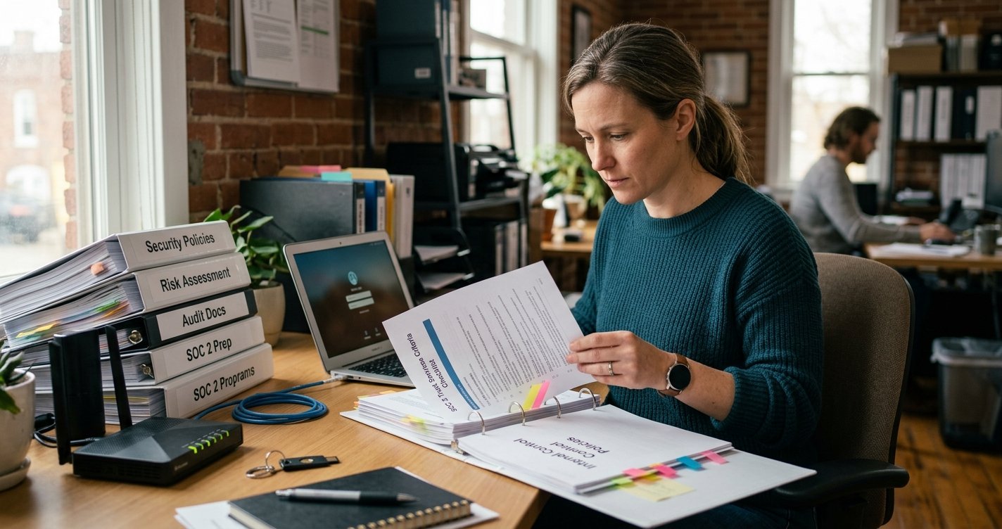 A woman in a small business office reviews paper documents for SOC 2 compliance. Binders on the desk label the arduous process.