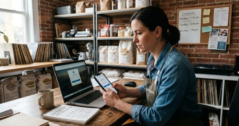 Zero-Trust Security for Small Business With No IT Team: Where to Start Small business owner with no IT team implementing zero-trust security by verifying her identity with a multi-factor authentication (MFA) code on her phone and laptop.
