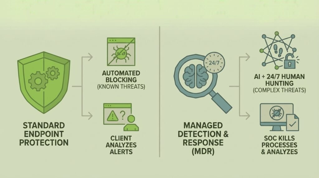 Leading Cybersecurity Providers in Florida for Small Business Diagram comparing standard endpoint protection to managed detection and response