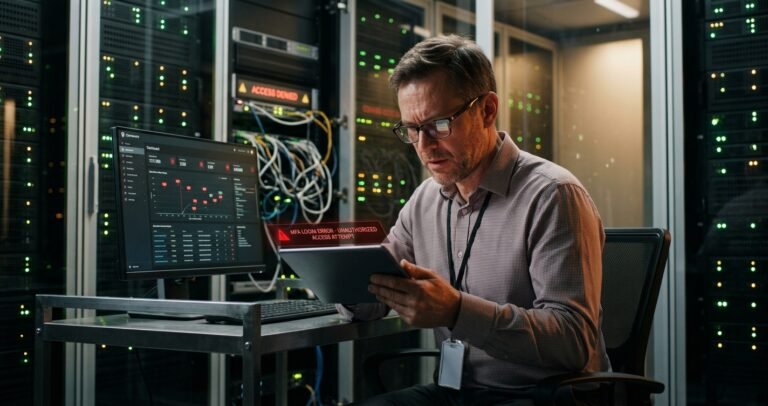 MFA Gaps: Is Your Law Firm's Cyber Claim at Risk? A server room setting with a stressed professional viewing a red error message about "MFA LOGIN ERROR - UNAUTHORIZED ACCESS ATTEMPT" on a tablet.