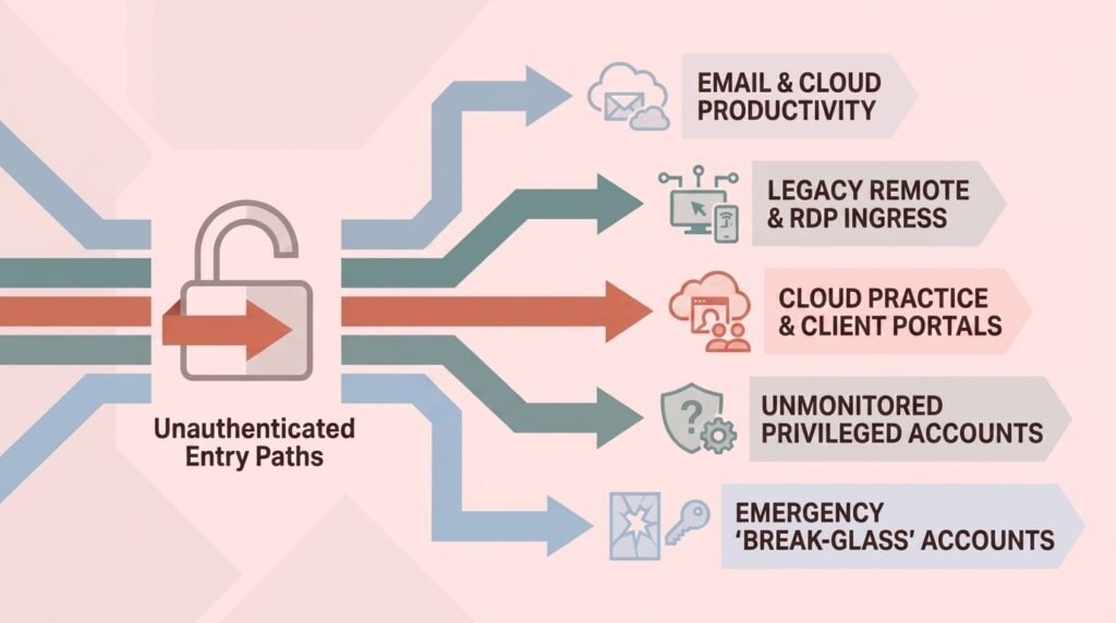 MFA Gaps: Is Your Law Firm's Cyber Claim at Risk? Diagram showing five unauthenticated entry paths that bypass law firm MFA