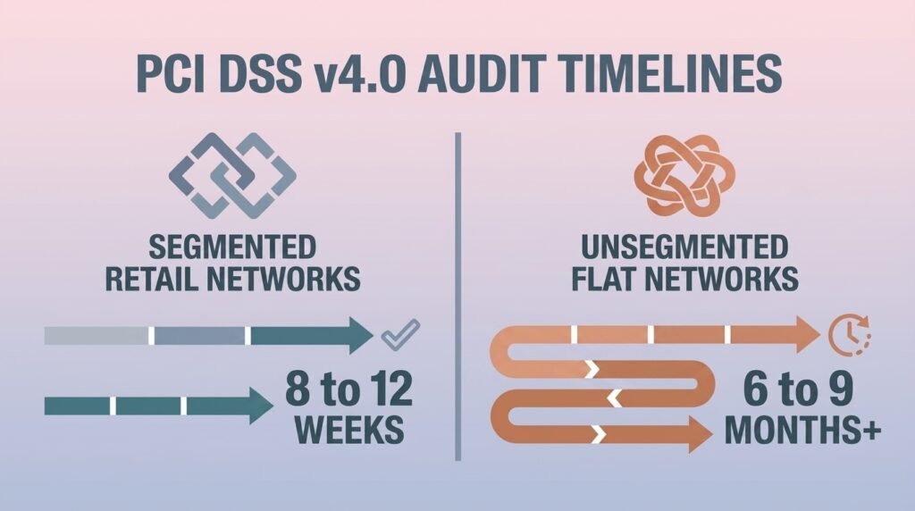 Guest WiFi vs POS: How to Secure Your Retail Store Network Chart comparing PCI DSS audit timelines for segmented vs unsegmented retail networks