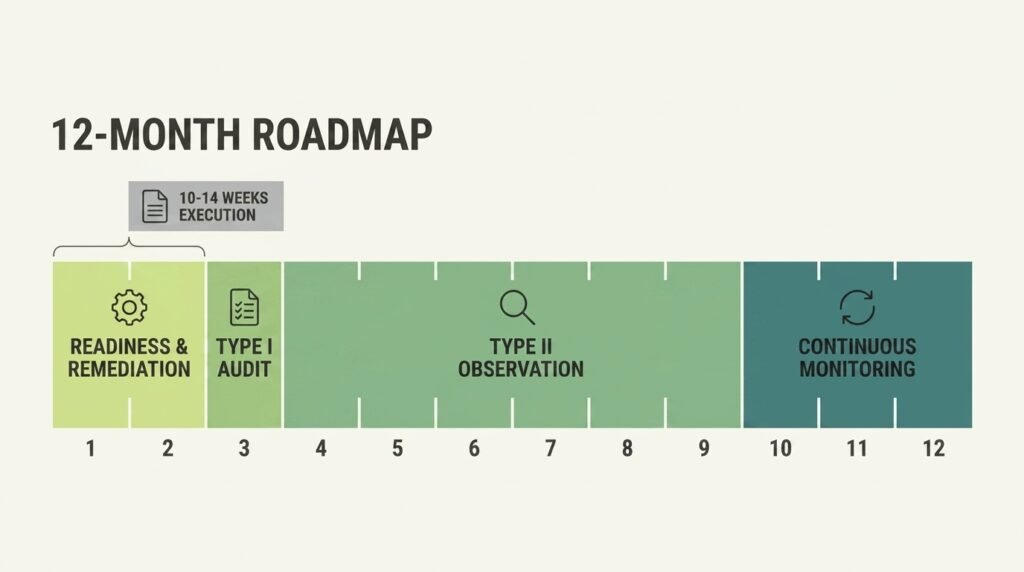 SOC 2 Compliance for Small Businesses With No IT Team 12-month roadmap for SOC 2 compliance from readiness to continuous monitoring