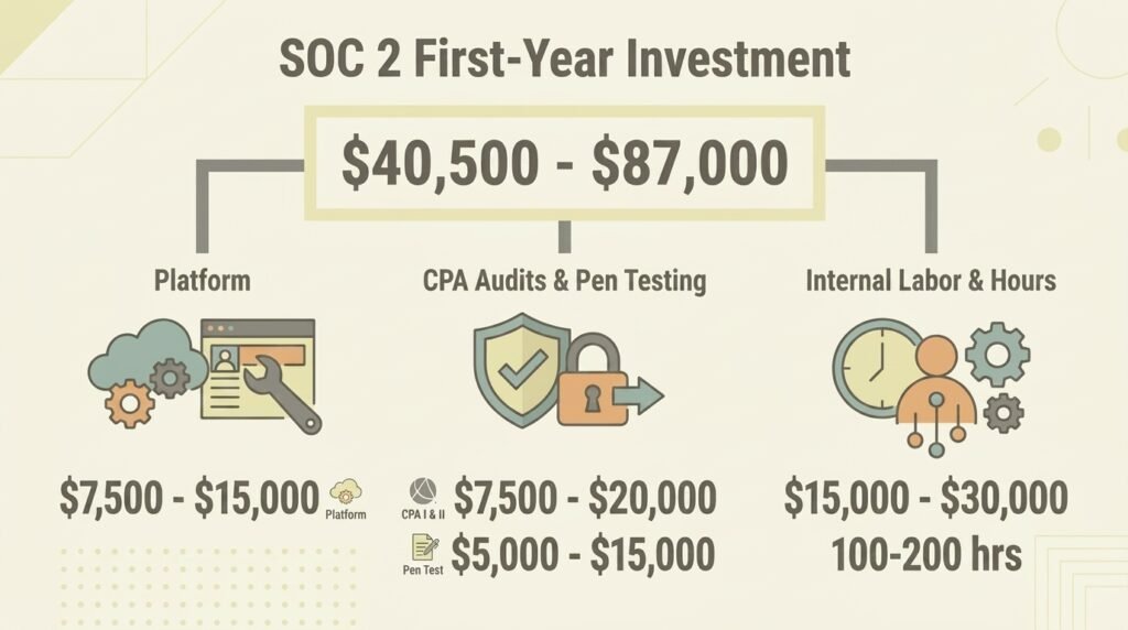 SOC 2 Compliance for Small Businesses With No IT Team Chart showing SOC 2 first-year compliance costs for small businesses