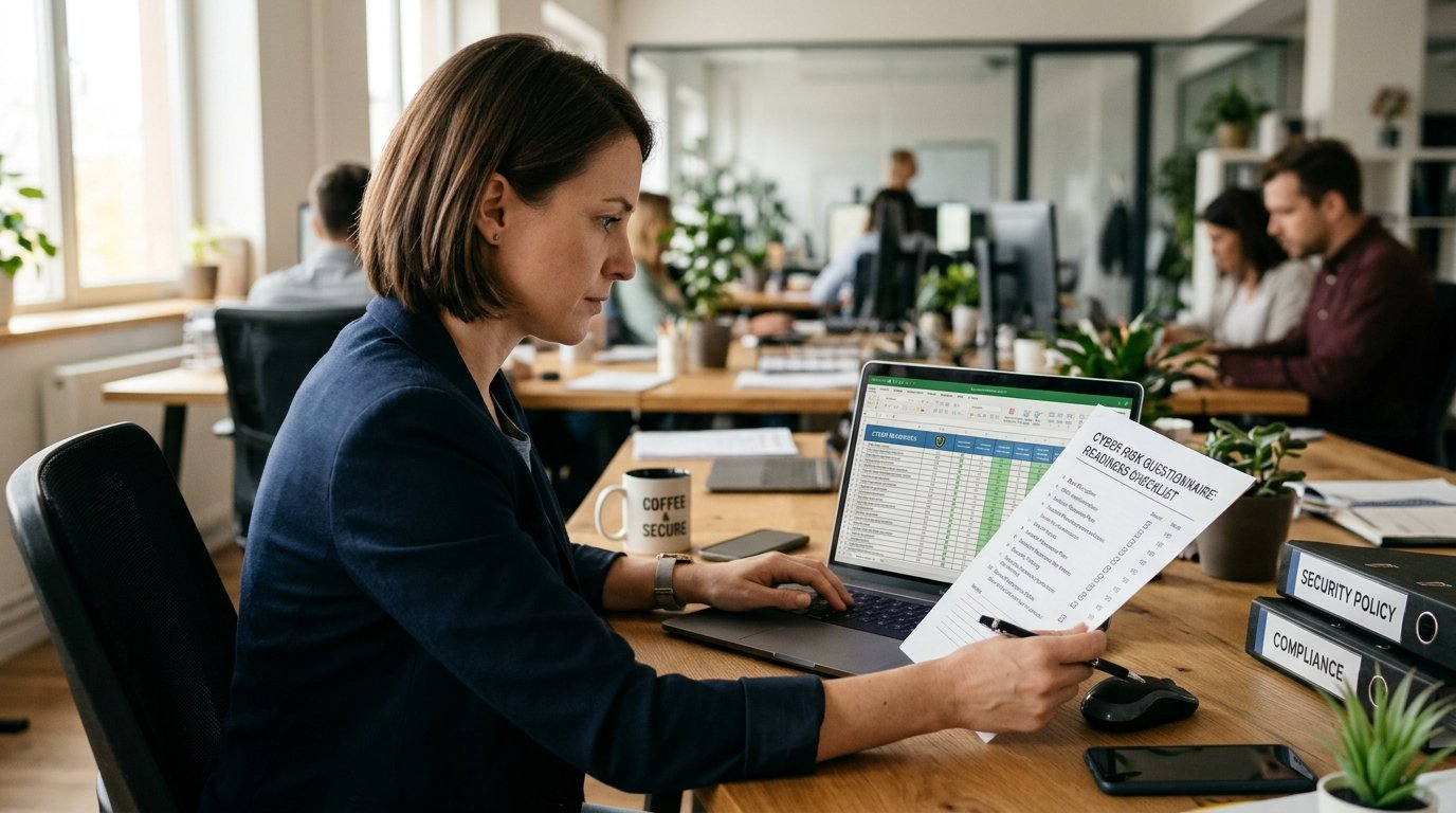 Small business owner reviewing documents at her desk while preparing for cyber insurance requirements.