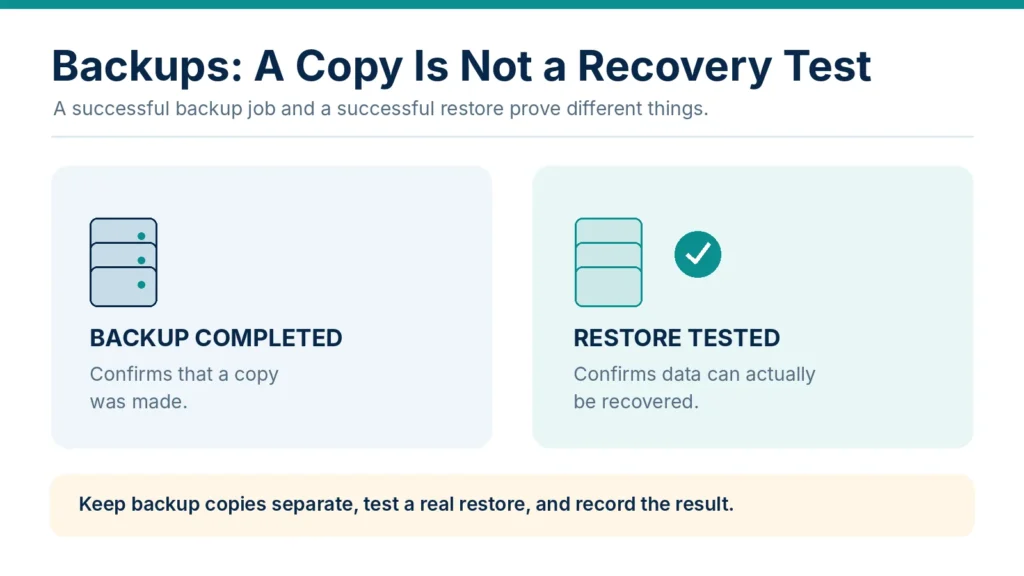 cyber insurance readiness check: Infographic comparing a completed backup, which confirms a copy was made, with a tested restore, which confirms that data can be recovered.